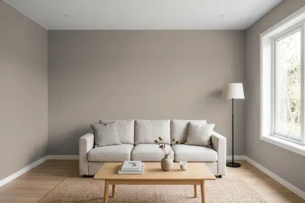 Living room with walls painted Sherwin-Williams Elephant Ear SW 9168 (simulated)