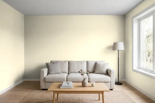Living room with walls painted Benjamin Moore Elephant Tusk OC-8 (simulated)