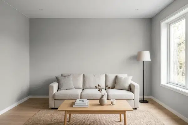Living room with walls painted Sherwin-Williams Ellie Gray SW 7650 (simulated)