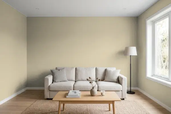 Living room with walls painted Benjamin Moore Embassy Green 1523 (simulated)