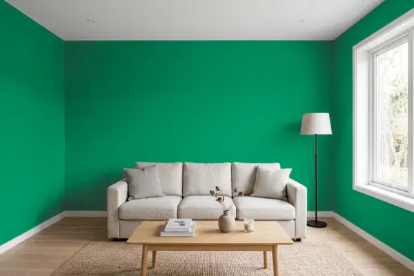 Living room with walls painted Benjamin Moore Emerald Isle 2039-20 (simulated)