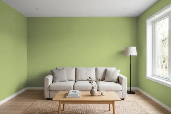 Living room with walls painted Valspar Emerald Isle 6004-6B (simulated)
