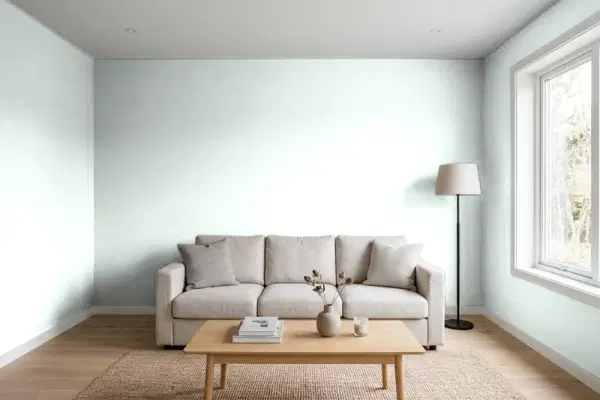Living room with walls painted Benjamin Moore Emerald Vapor 845 (simulated)