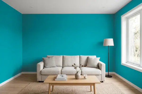 Living room with walls painted Behr Empress Teal 510B-7 (simulated)