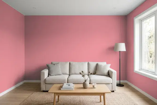 Living room with walls painted Behr Enamored M150-5 (simulated)