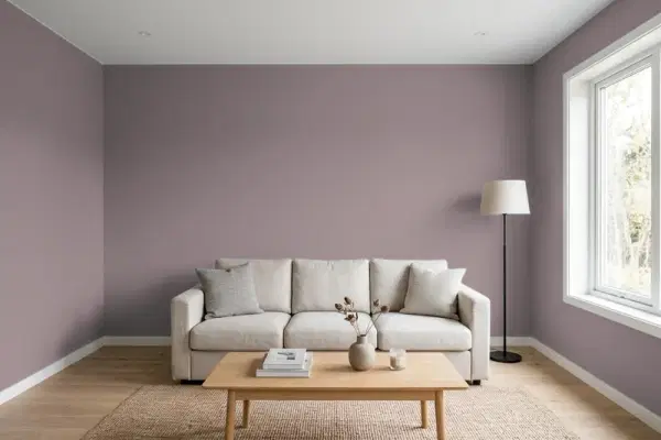 Living room with walls painted Sherwin-Williams Enigma SW 6018 (simulated)