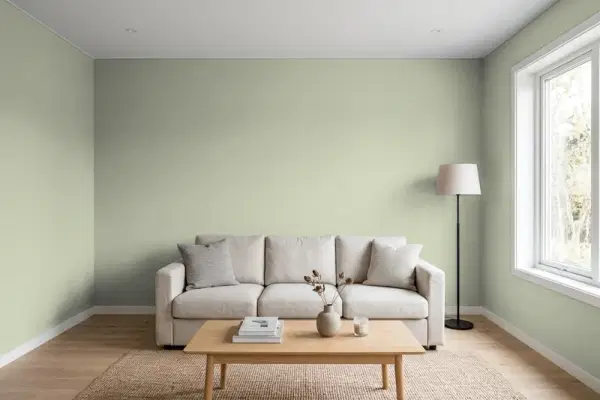 Living room with walls painted Behr Environmental PPU11-09 (simulated)