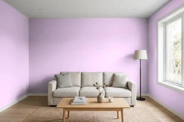 Living room with walls painted Behr Epiphany P100-3 (simulated)