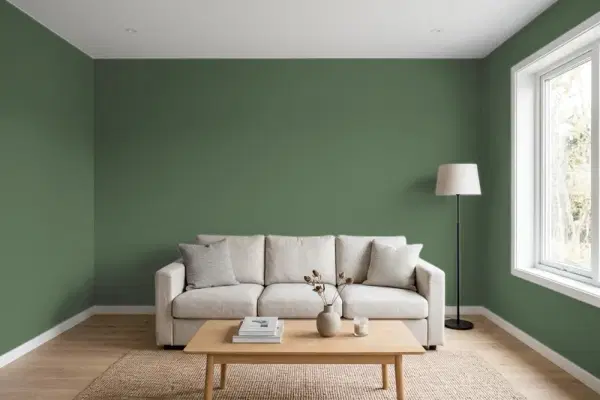 Living room with walls painted Behr Equestrian Green S410-7 (simulated)