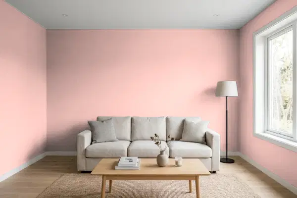 Living room with walls painted Benjamin Moore Eraser Pink 2174-50 (simulated)