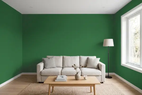 Living room with walls painted Sherwin-Williams Espalier SW 6734 (simulated)