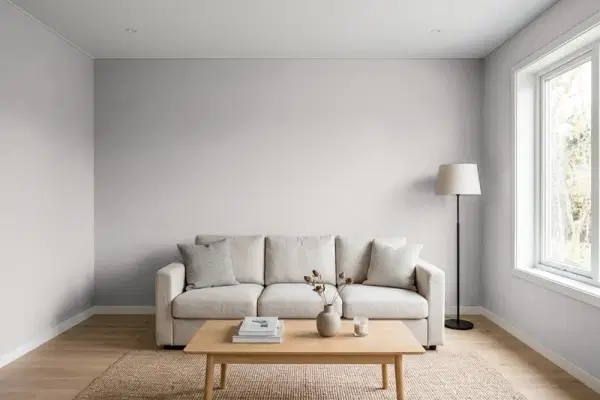 Living room with walls painted Sherwin-Williams Essential Gray SW 6002 (simulated)