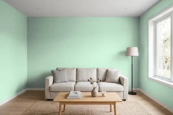 Living room with walls painted Benjamin Moore Etched Glass 626 (simulated)
