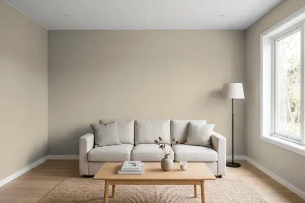 Living room with walls painted Sherwin-Williams Ethereal Mood SW 7639 (simulated)