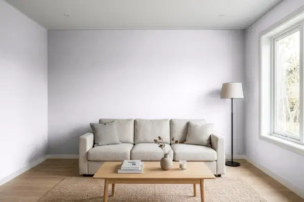 Living room with walls painted Behr Etude Lilac N100-2 (simulated)