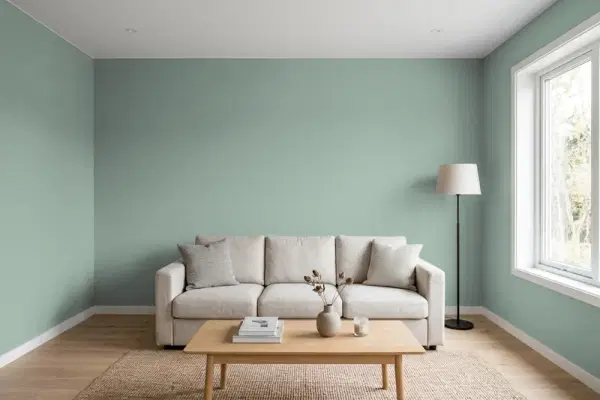 Living room with walls painted Behr Eucalyptus QE-44 (simulated)