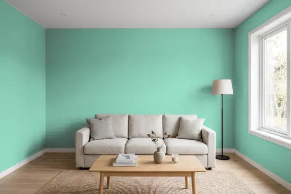 Living room with walls painted Benjamin Moore Eucalyptus 621 (simulated)
