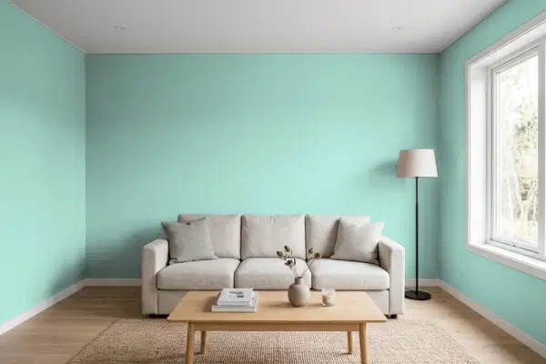 Living room with walls painted Behr Eucalyptus Leaf 490D-4 (simulated)