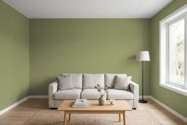 Living room with walls painted Benjamin Moore Eucalyptus Leaf 2144-20 (simulated)