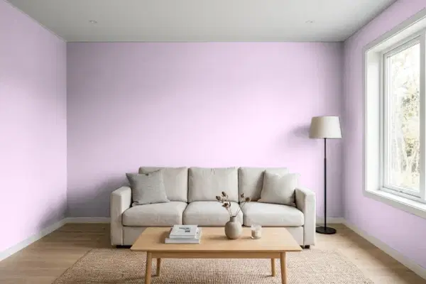 Living room with walls painted Sherwin-Williams Euphoric Lilac SW 6835 (simulated)
