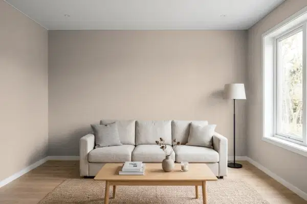 Living room with walls painted Benjamin Moore Evening Gown CSP-375 (simulated)