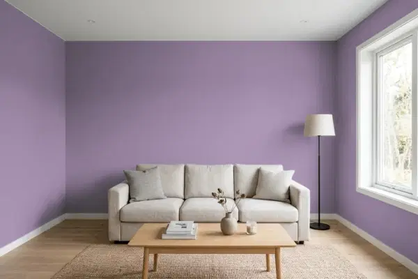 Living room with walls painted Valspar Evening Lilac 1002-5B (simulated)