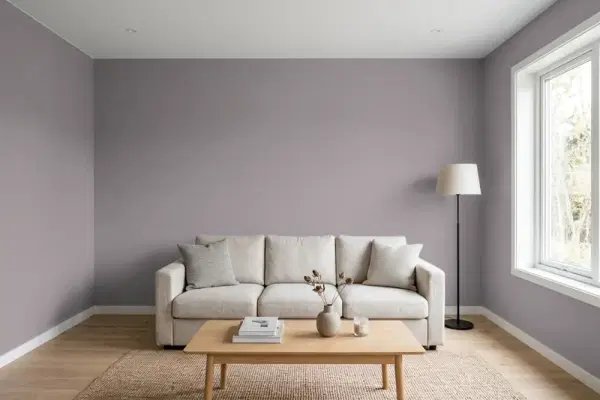 Living room with walls painted Benjamin Moore Evening Skyline CSP-505 (simulated)
