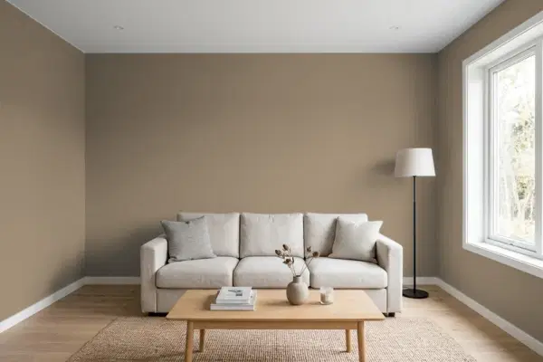 Living room with walls painted Benjamin Moore Everard Coffee CW-150 (simulated)