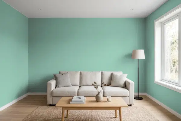 Living room with walls painted Benjamin Moore Everglades 641 (simulated)