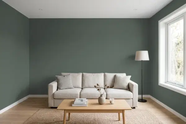 Living room with walls painted Behr Evergreen Bough 700F-7 (simulated)