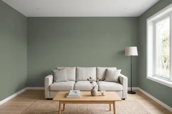 Living room with walls painted Behr Evergreen Trail BXC-72 (simulated)