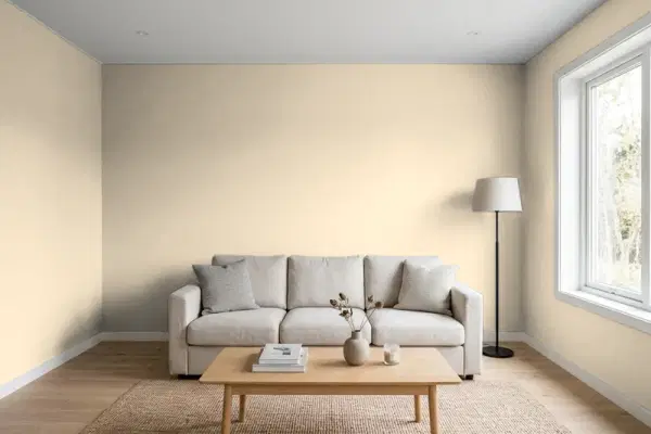 Living room with walls painted Benjamin Moore Everlasting 1038 (simulated)