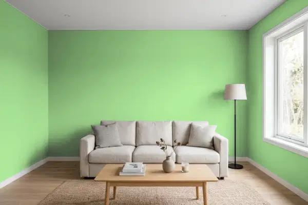 Living room with walls painted Benjamin Moore Exotic Bloom 551 (simulated)
