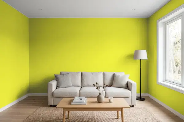 Living room with walls painted Benjamin Moore Exotic Lime 399 (simulated)