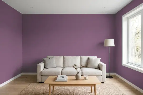 Living room with walls painted Behr Exotic Orchid PMD-87 (simulated)