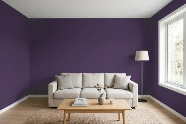 Living room with walls painted Benjamin Moore Exotic Purple 2071-10 (simulated)