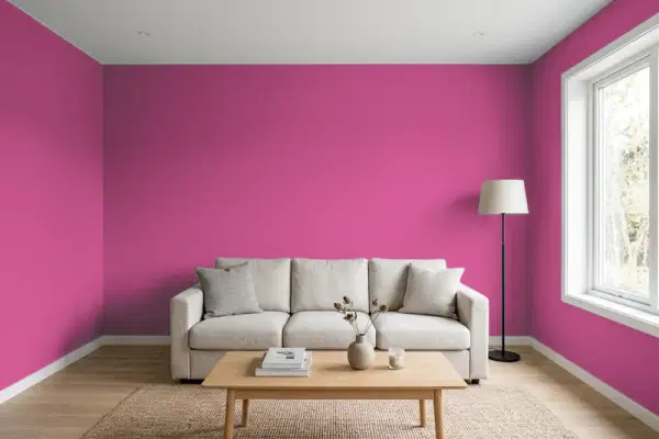 Living room with walls painted Sherwin-Williams Exuberant Pink SW 6840 (simulated)