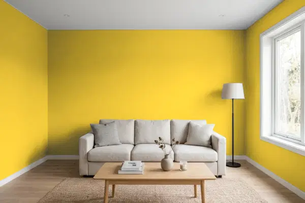 Living room with walls painted Sherwin-Williams Eye Catching SW 6914 (simulated)