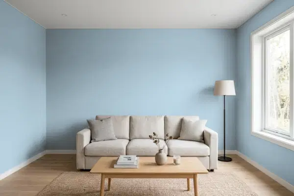 Living room with walls painted Sherwin-Williams Faded Flaxflower SW 9146 (simulated)
