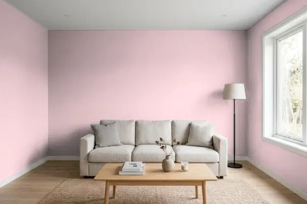 Living room with walls painted Sherwin-Williams Fading Rose SW 6296 (simulated)