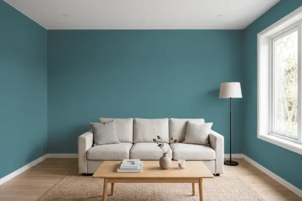 Living room with walls painted Benjamin Moore Fair Isle Blue CSP-715 (simulated)