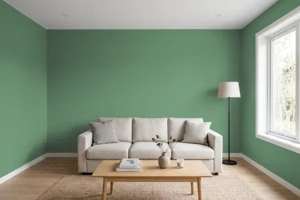 Living room with walls painted Benjamin Moore Fairmont Green HC-127 (simulated)