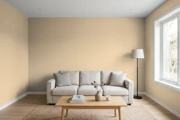 Living room with walls painted Benjamin Moore Fairway Oaks 1075 (simulated)