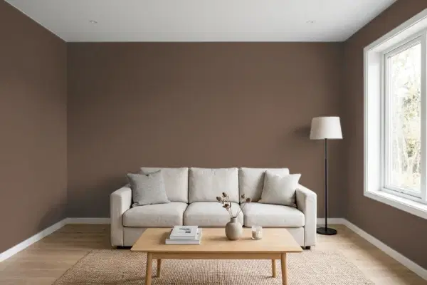 Living room with walls painted Benjamin Moore Falcon Brown 1238 (simulated)