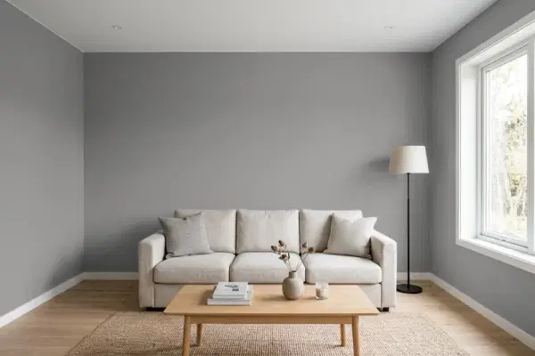 Living room with walls painted Behr Falcon Gray PPU26-04 (simulated)