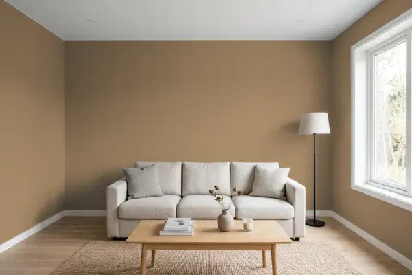 Living room with walls painted Sherwin-Williams Fallen Leaves SW 9114 (simulated)