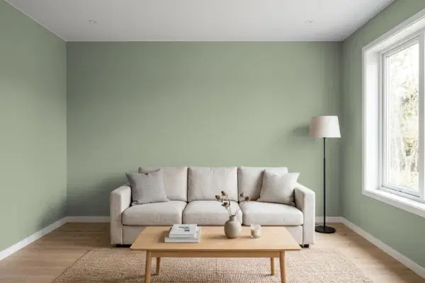 Living room with walls painted Behr False Cypress 430F-4 (simulated)