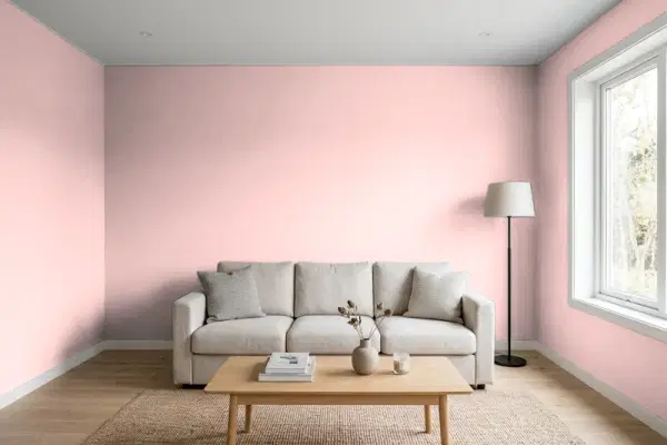 Living room with walls painted Benjamin Moore Fantasy Pink 1290 (simulated)