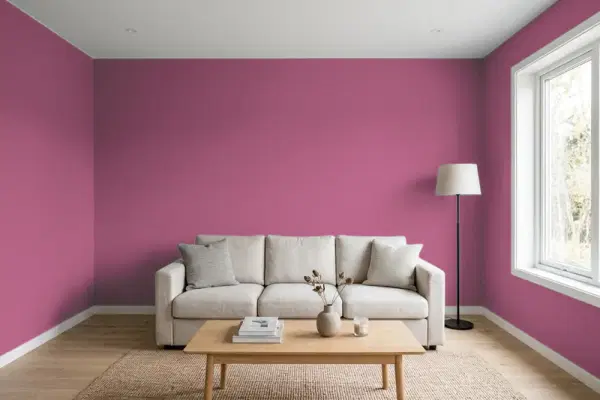 Living room with walls painted Benjamin Moore Fashion Rose 1356 (simulated)