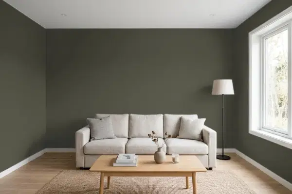 Living room with walls painted Benjamin Moore Fatigue Green 2140-10 (simulated)